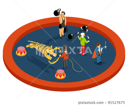 Isometric 3d circus characters. Animal trainer with athlete, magician and clown 95527675