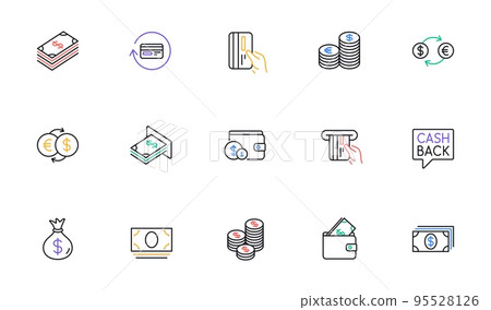 Money and payment line icons. Cash, Wallet and Coins. Account cashback linear icon set. Bicolor outline web elements. Vector Money and payment line icons. Cash, Wallet and Coins. Account cashback linear icon set. Bicolor outline web elements. Vector 95528126