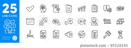 Outline icons set. Calendar, Approved document and Cyber attack icons. Technical documentation, Checklist, Quick tips web elements. Student, Difficult stress, Canister oil signs. Vector Outline icons set. Calendar, Approved document and Cyber attack icons. Technical documentation, Checklist, Quick tips web elements. Student, Difficult stress, Canister oil signs. Vector 95528145