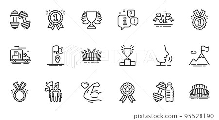 Outline set of Winner podium, Dumbbell and Sports stadium line icons for web application. Talk, information, delivery truck outline icon. Include Winner, Ole chant, Mountain flag icons. Vector 95528190