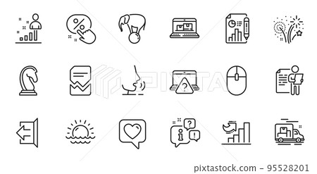 Outline set of Marketing strategy, Stats and Sign out line icons for web application. Talk, information, delivery truck outline icon. Include Computer mouse, Fireworks, Elephant on ball icons. Vector 95528201