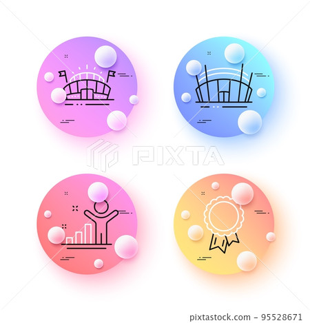 Arena stadium, Success and Winner minimal line icons. 3d spheres or balls buttons. Sports arena icons. For web, application, printing. Sport complex, Award reward, Best result. Event stadium. Vector Arena stadium, Success and Winner minimal line icons. 3d spheres or balls buttons. Sports arena icons. For web, application, printing. Sport complex, Award reward, Best result. Event stadium. Vector 95528671