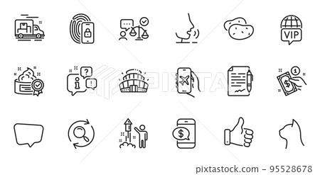 Outline set of Cream, Agreement document and Payment method line icons for web application. Talk, information, delivery truck outline icon. Include Vip internet, Arena stadium, Potato icons. Vector Outline set of Cream, Agreement document and Payment method line icons for web application. Talk, information, delivery truck outline icon. Include Vip internet, Arena stadium, Potato icons. Vector 95528678