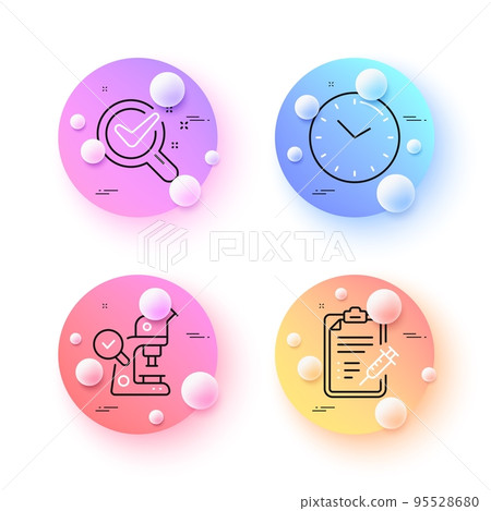 Vaccine report, Microscope and Chemistry lab minimal line icons. 3d spheres or balls buttons. Time icons. For web, application, printing. Vaccination report, Laboratory science, Lab research. Vector Vaccine report, Microscope and Chemistry lab minimal line icons. 3d spheres or balls buttons. Time icons. For web, application, printing. Vaccination report, Laboratory science, Lab research. Vector 95528680