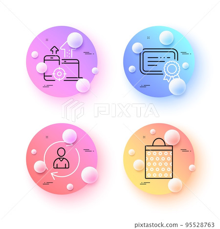 Person info, Seo devices and Certificate minimal line icons. 3d spheres or balls buttons. Shopping bag icons. For web, application, printing. Refresh user data, Mobile stats, Verified document. Vector Person info, Seo devices and Certificate minimal line icons. 3d spheres or balls buttons. Shopping bag icons. For web, application, printing. Refresh user data, Mobile stats, Verified document. Vector 95528763