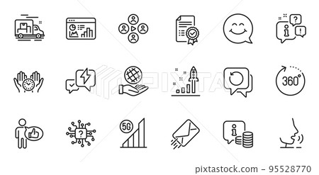Outline set of 5g wifi, 360 degrees and E-mail line icons for web application. Talk, information, delivery truck outline icon. Include Certificate, Seo statistics, Lightning bolt icons. Vector 95528770