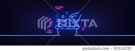 Neon light glow effect. Hand washing line icon. Laundry service sign. Clothing cleaner symbol. 3d line neon glow icon. Brick wall banner. Hand washing outline. Vector 95528785