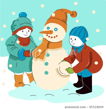 Children sculpting a snowman, vector cartoon comics style, seamless pattern 95528844