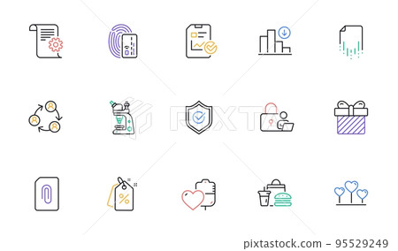 Surprise, Approved shield and Discount tags line icons for website, printing. Collection of Fast food, Microscope, Technical documentation icons. Report checklist, Lock, Card web elements. Vector Surprise, Approved shield and Discount tags line icons for website, printing. Collection of Fast food, Microscope, Technical documentation icons. Report checklist, Lock, Card web elements. Vector 95529249