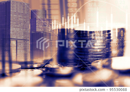 Stacked gold coins with CBD background, finance and business concept. K-line charts and investment graphics represent industry dynamics. 95530088