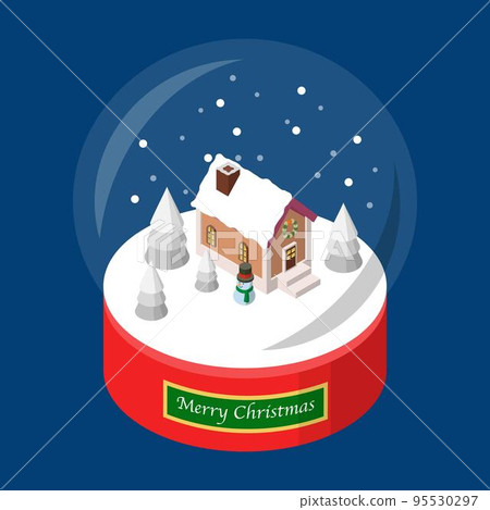 An illustration of a snow-covered house and a snowman snow globe. Three-dimensional isometric material. An illustration of a snow-covered house and a snowman snow globe. Three-dimensional isometric material. 95530297