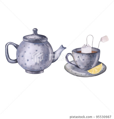 Watercolor illustration tea set with lemon. Hand painted card isolated on white background. Tea set illustration for package design, cooking appliances. Watercolor illustration tea set with lemon. Hand painted card isolated on white background. Tea set illustration for package design, cooking appliances. 95530987