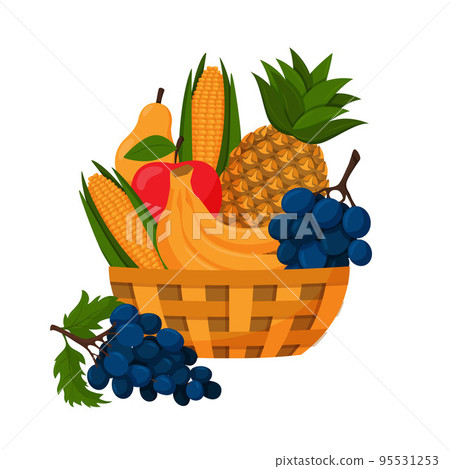 A wicker basket full of fruit. Corn cob, pineapple, bunch of grapes, bananas, apple, pear. Autumn harvest. Vegetarian, farm products. Cartoon color vector illustration isolated on a white background 95531253