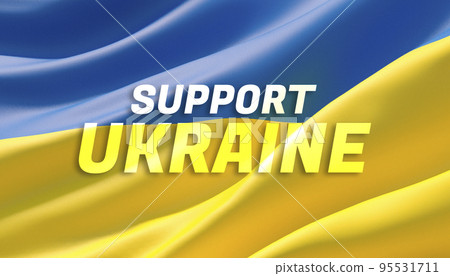 Support Ukraine text flag theme. Waving national flag of Ukraine. Waved highly detailed close-up 3D render. Support Ukraine text flag theme. Waving national flag of Ukraine. Waved highly detailed close-up 3D render. 95531711