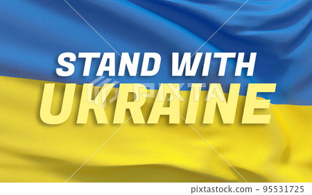 Stand with Ukraine text flag theme. Waving national flag of Ukraine. Waved highly detailed close-up 3D render. Stand with Ukraine text flag theme. Waving national flag of Ukraine. Waved highly detailed close-up 3D render. 95531725