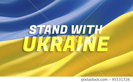 Stand with Ukraine text flag theme. Waving national flag of Ukraine. Waved highly detailed close-up 3D render. Stand with Ukraine text flag theme. Waving national flag of Ukraine. Waved highly detailed close-up 3D render. 95531726
