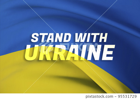 Stand with Ukraine text flag theme. Waving national flag of Ukraine. Waved highly detailed close-up 3D render. 95531729
