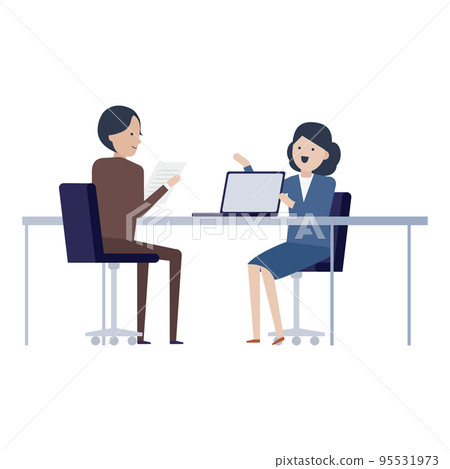 Illustration material of a business woman who explains in an easy-to-understand and polite manner while showing a computer screen 95531973