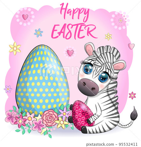 Zebra with Easter egg, flowers. Easter greeting card Zebra with Easter egg, flowers. Easter greeting card 95532411