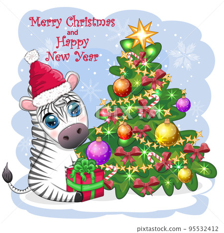Merry Christmas and Happy New Year greeting card with cute zebra in santa hat with christmas ball, candy kane, gift Merry Christmas and Happy New Year greeting card with cute zebra in santa hat with christmas ball, candy kane, gift 95532412