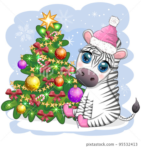 Merry Christmas and Happy New Year greeting card with cute zebra in santa hat with christmas ball, candy kane, gift Merry Christmas and Happy New Year greeting card with cute zebra in santa hat with christmas ball, candy kane, gift 95532413