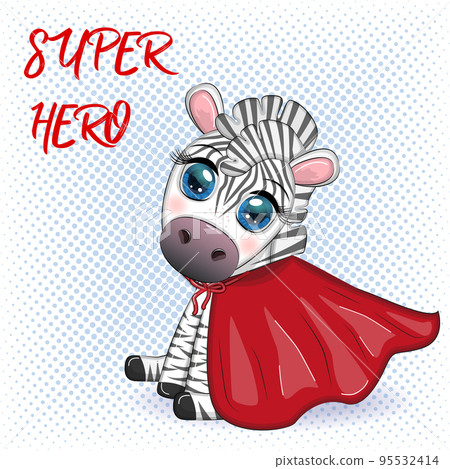 Striped zebra in a red coat. super hero child character Striped zebra in a red coat. super hero child character 95532414