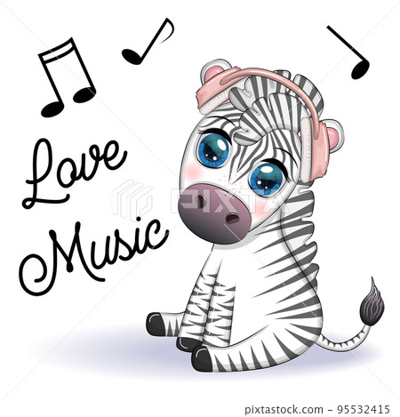 Cute zebra in headphones, love for music. Notes and treble clefs Cute zebra in headphones, love for music. Notes and treble clefs 95532415