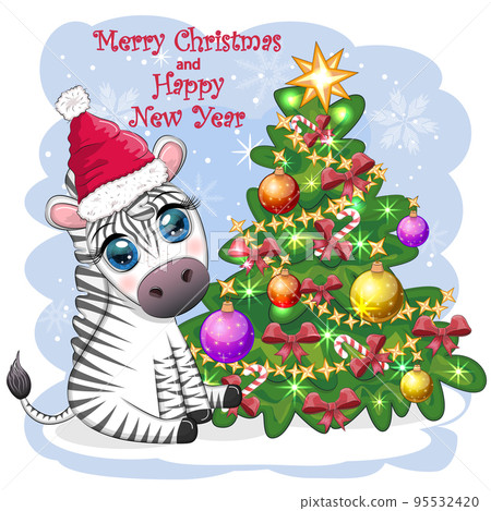 Merry Christmas and Happy New Year greeting card with cute zebra in santa hat with christmas ball, candy kane, gift Merry Christmas and Happy New Year greeting card with cute zebra in santa hat with christmas ball, candy kane, gift 95532420