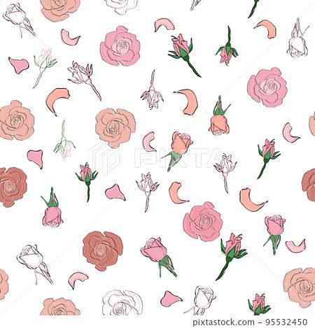 Seamless pattern rose petals, buds and flowers. Confetti, cosmetics, wedding, beautiful flower background Seamless pattern rose petals, buds and flowers. Confetti, cosmetics, wedding, beautiful flower background 95532450