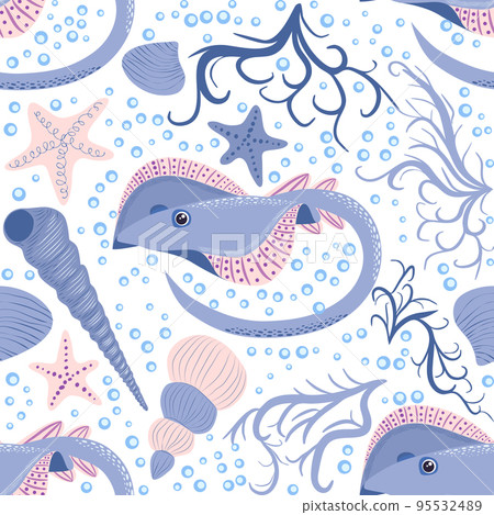 Batomorphi sea life, fish, animals bright seamless pattern. sea travel, snorkeling with animals, tropical fish 95532489
