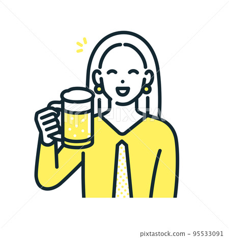 一個拿著啤酒杯的女人。微笑著敬酒的商界女強人。 一個拿著啤酒杯的女人。微笑著敬酒的商界女強人。 95533091