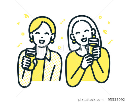 兩個人喝酒。一個醉醺醺的快樂女人的插圖素材。 95533092