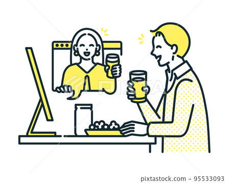 男性和女性在線飲酒派對的插圖素材。 95533093