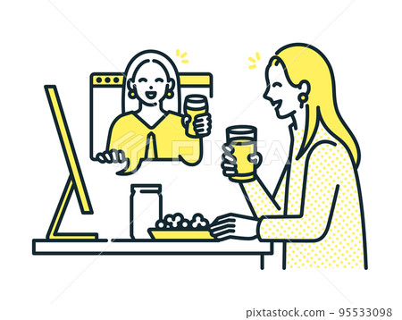 Illustration material of a woman who drinks alcohol online with friends. 95533098