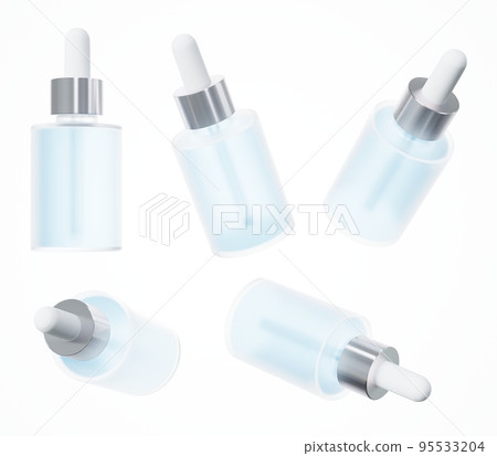 Cosmetic serum bottle with pipette mockup 3D render, skin care blue oil dropper in several views, beauty business design ready template isoltaed 95533204