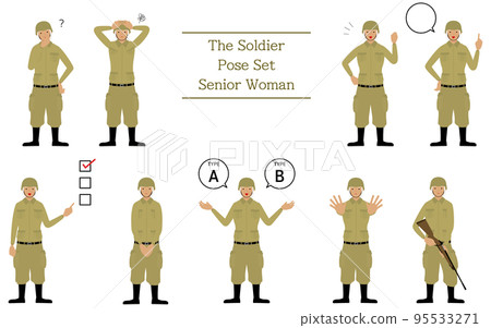 Pose set of senior female soldiers, doubts, worries, encouragement, pointing, etc. Pose set of senior female soldiers, doubts, worries, encouragement, pointing, etc. 95533271