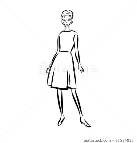 Black and white fashion woman, redhead model with boutique logo background. Hand drawn vector illustration 95534055