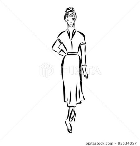 Black and white fashion woman, redhead model with boutique logo background. Hand drawn vector illustration 95534057