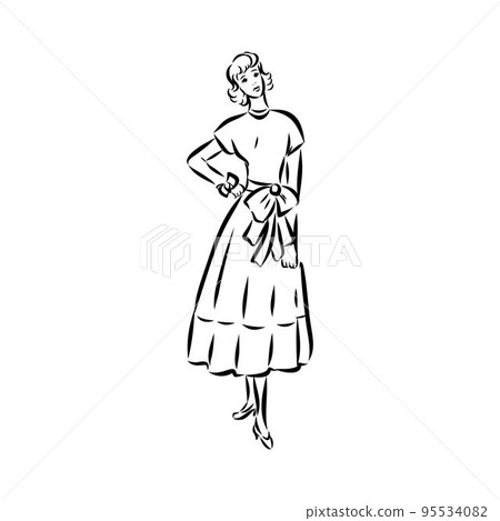 Black and white fashion woman, redhead model with boutique logo background. Hand drawn vector illustration 95534082