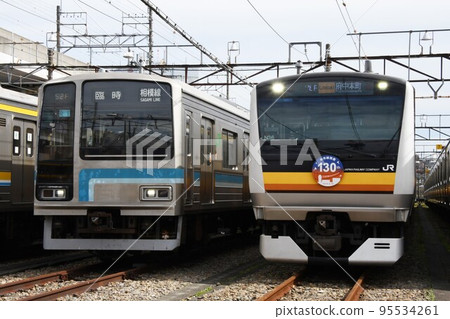 Series 205 500s on the Sagami Line and Series E233 8500s on the Nambu Line lined up at the depot Series 205 500s on the Sagami Line and Series E233 8500s on the Nambu Line lined up at the depot 95534261