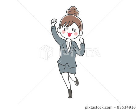 Illustration of a business woman with her hair tied up who is happy to do a guts pose 95534916