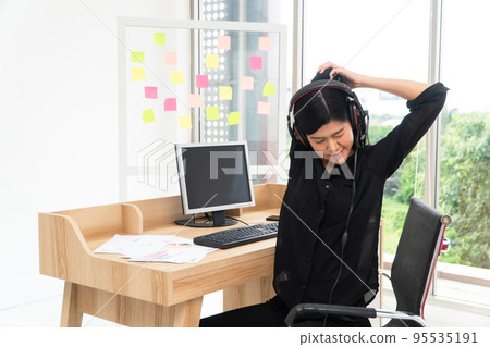 Asian business woman relax after Video Conference for talk to colleagues work from home office, girl student talking by video conference call, female teacher trainer from home at living room Asian business woman relax after Video Conference for talk to colleagues work from home office, girl student talking by video conference call, female teacher trainer from home at living room 95535191