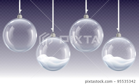 Realistic glass christmas balls hanging on ribbons. Winter crystal xmas bubble. Home decoration 3d elements with snow and snowfall, pithy vector set Realistic glass christmas balls hanging on ribbons. Winter crystal xmas bubble. Home decoration 3d elements with snow and snowfall, pithy vector set 95535342