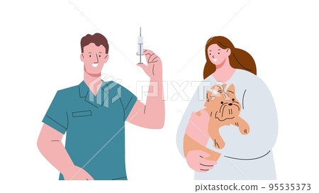Pets vaccination veterinarian service. Vet clinic, veterinar with syringe and girl holding dog. Flat vector pet healthcare concept, animals health support Pets vaccination veterinarian service. Vet clinic, veterinar with syringe and girl holding dog. Flat vector pet healthcare concept, animals health support 95535373