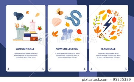 Mobile app seasonal sale banners. Application flyers with leaves, clothes, boots. Cozy accessories new collection, flash autumn discount vector template Mobile app seasonal sale banners. Application flyers with leaves, clothes, boots. Cozy accessories new collection, flash autumn discount vector template 95535389