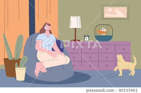 Girl relax in living room, listen music and looking at cat. Cozy evening home, lonely weekend with pet. Introvert character, mental disorder or depression, vector illustration 95535401