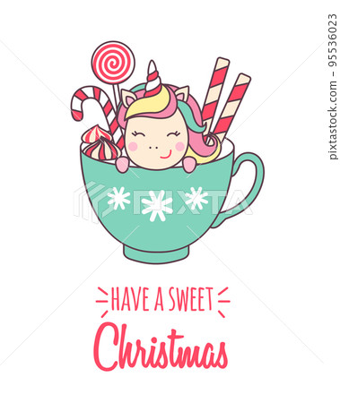 Greeting holiday card with cute Unicorn in cup with lollipops and candy cane for Merry Christmas and New Year design. Greeting holiday card with cute Unicorn in cup with lollipops and candy cane for Merry Christmas and New Year design. 95536023