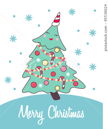 Greeting card with cute Christmas tree in kawaii style for holiday design. Greeting card with cute Christmas tree in kawaii style for holiday design. 95536024