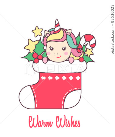 Greeting card with cute Unicorn in red Christmas sock for holiday design isolated on white. 95536025