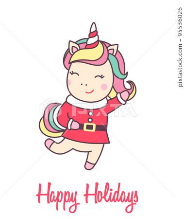 Greeting holiday card with cute Unicorn in Santa Claus costume for Merry Christmas and New Year. Greeting holiday card with cute Unicorn in Santa Claus costume for Merry Christmas and New Year. 95536026
